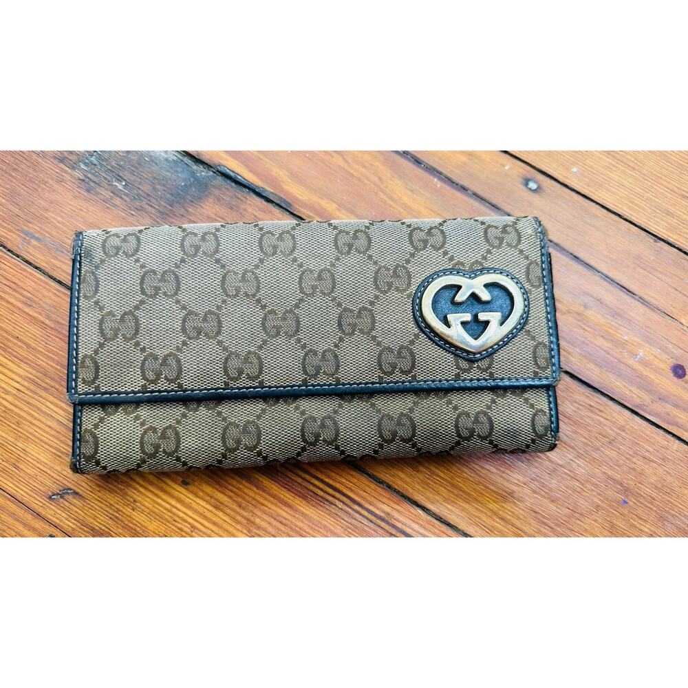 GUCCI Brown Tan GG Logo Canvas Leather Heart Jacquard Leather Trim Wallet